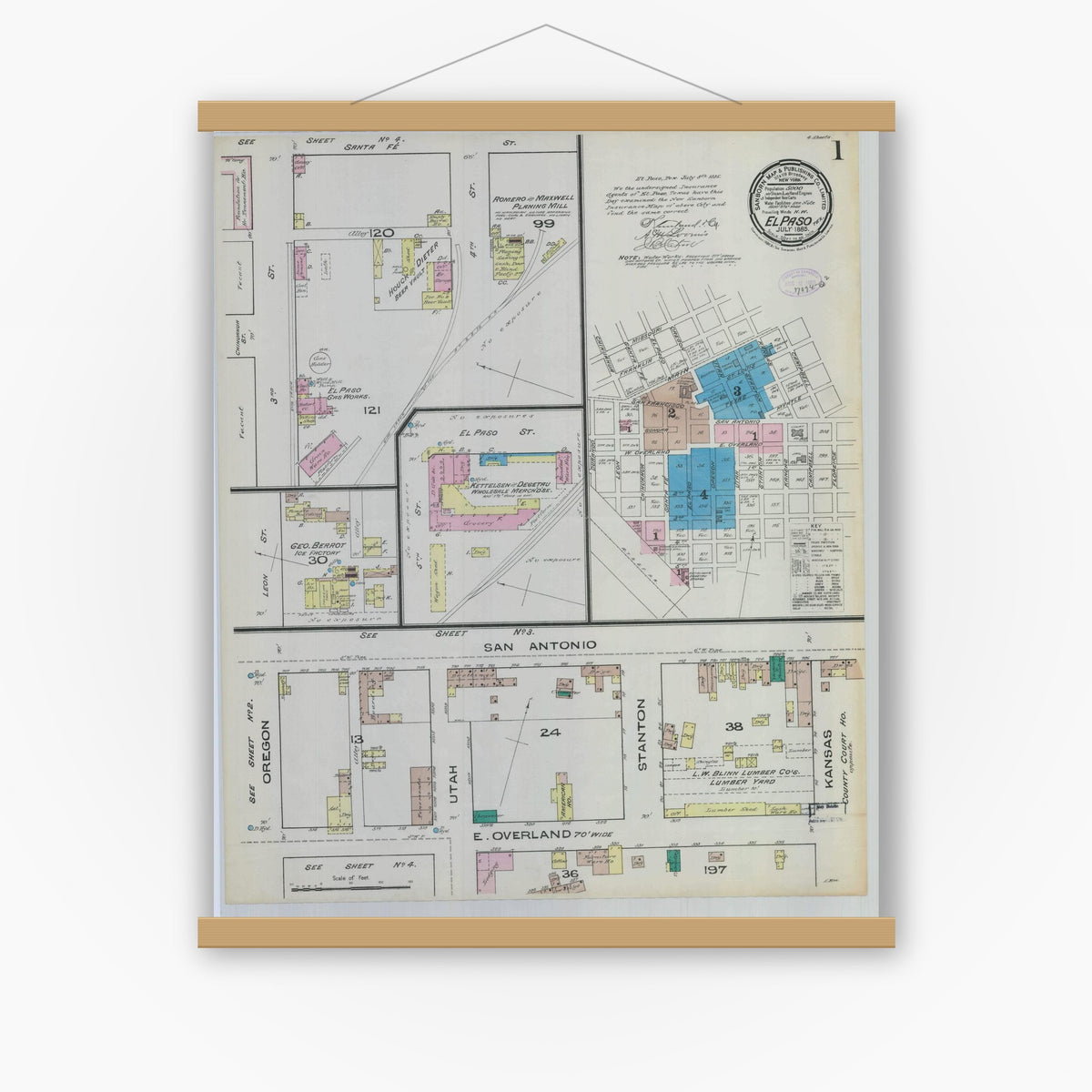 Old map wall art mockup — magnetic wood frame on white wall — Sanborn Fire Insurance Map from El Paso, El Paso County, Texas (1885) - Complete Map Set