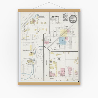 Old map wall art mockup — magnetic wood frame on white wall — Sanborn Fire Insurance Map from Wellington, Lorain County, Ohio (1889), Sheet #0001
