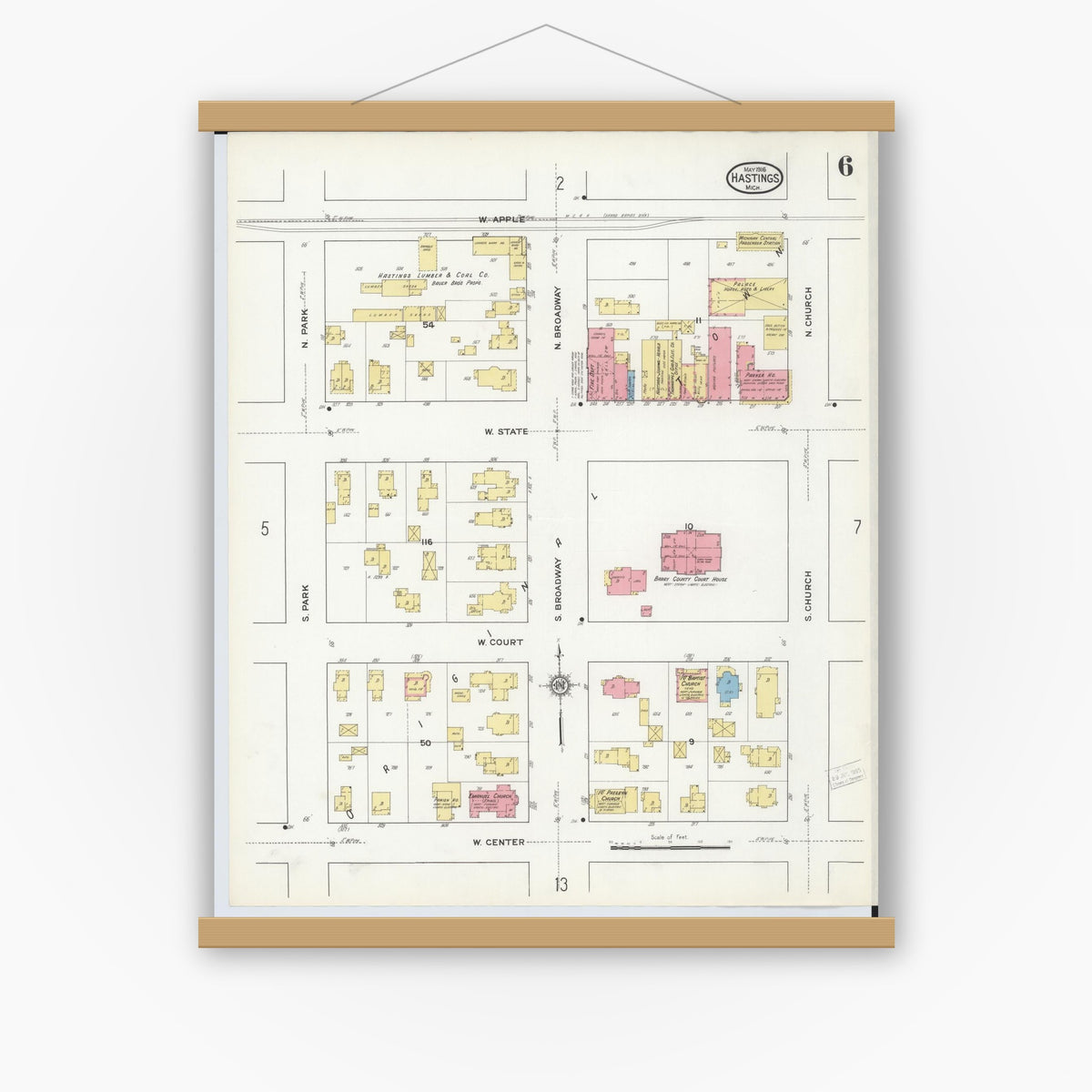 Old map wall art mockup — magnetic wood frame on white wall — Sanborn Fire Insurance Map from Hastings, Barry County, Michigan (1916), Sheet #0006