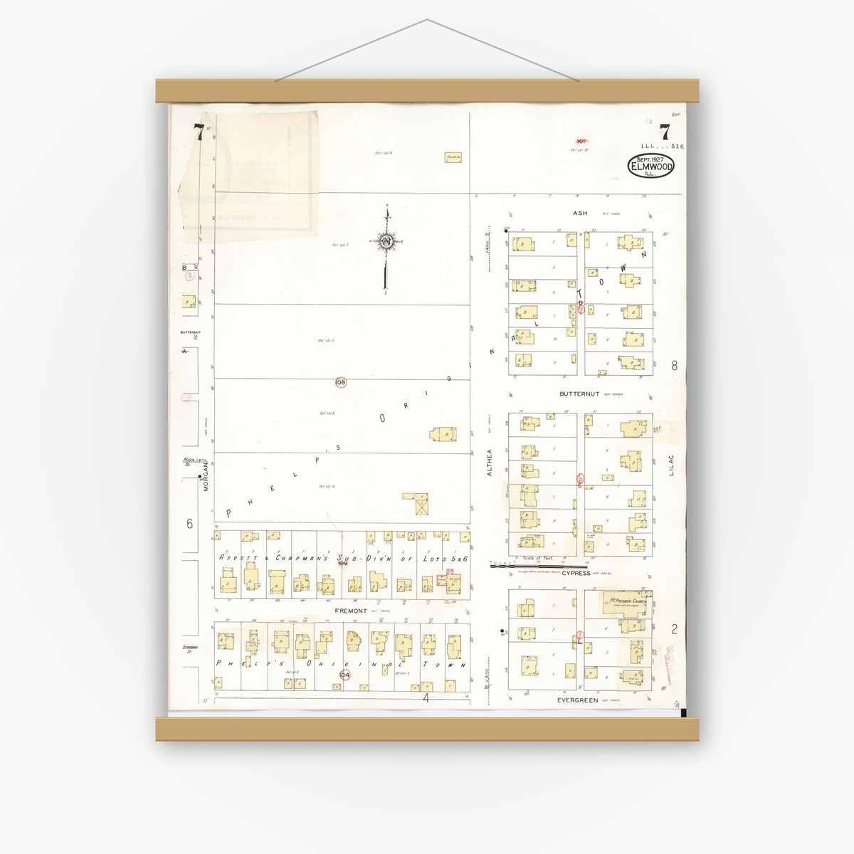 Old map wall art mockup — magnetic wood frame on white wall — Sanborn Fire Insurance Map from Elmwood, Peoria County, Illinois (1944), Sheet #0007