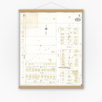 Old map wall art mockup — magnetic wood frame on white wall — Sanborn Fire Insurance Map from Elmwood, Peoria County, Illinois (1944), Sheet #0007