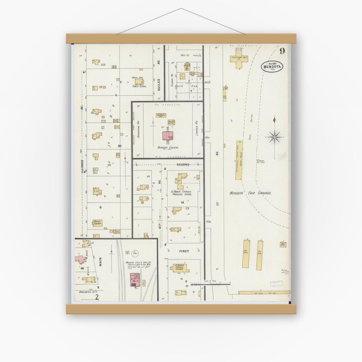 Old map wall art mockup — magnetic wood frame on white wall — Sanborn Fire Insurance Map from Mendota, La Salle County, Illinois (1897), Sheet #0009