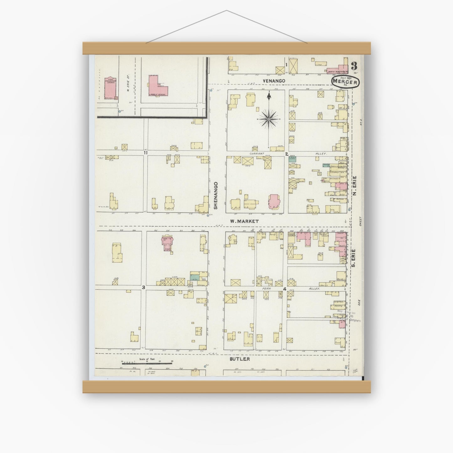 Old map wall art mockup — magnetic wood frame on white wall — Sanborn Fire Insurance Map from Mercer, Mercer County, Pennsylvania (1891), Sheet #0003