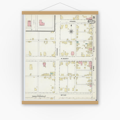 Old map wall art mockup — magnetic wood frame on white wall — Sanborn Fire Insurance Map from Mercer, Mercer County, Pennsylvania (1891), Sheet #0003
