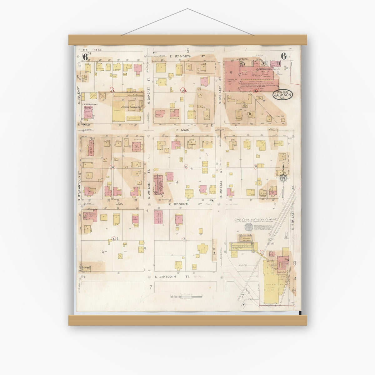 Old map wall art mockup — magnetic wood frame on white wall — Sanborn Fire Insurance Map from Jackson, Cape Girardeau County, Missouri (1941), Sheet #0006