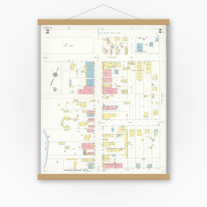 Old map wall art mockup — magnetic wood frame on white wall — Sanborn Fire Insurance Map from Boerne, Kendall County, Texas (1937), Sheet #0002