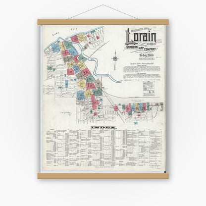 Old map wall art mockup — magnetic wood frame on white wall — Sanborn Fire Insurance Map from Lorain, Lorain County, Ohio (1910) - Complete Map Set