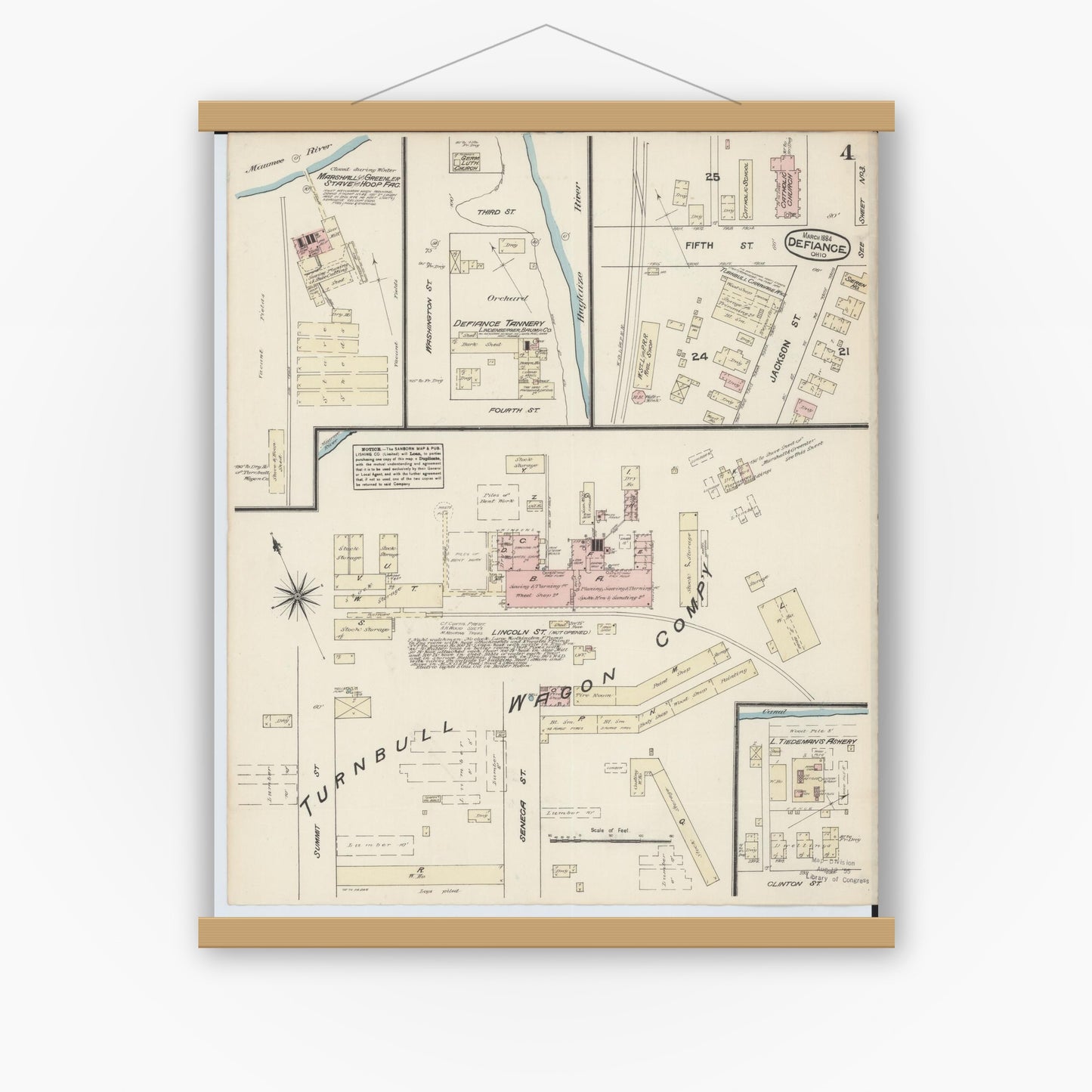 Old map wall art mockup — magnetic wood frame on white wall — Sanborn Fire Insurance Map from Defiance, Defiance County, Ohio (1884), Sheet #0004