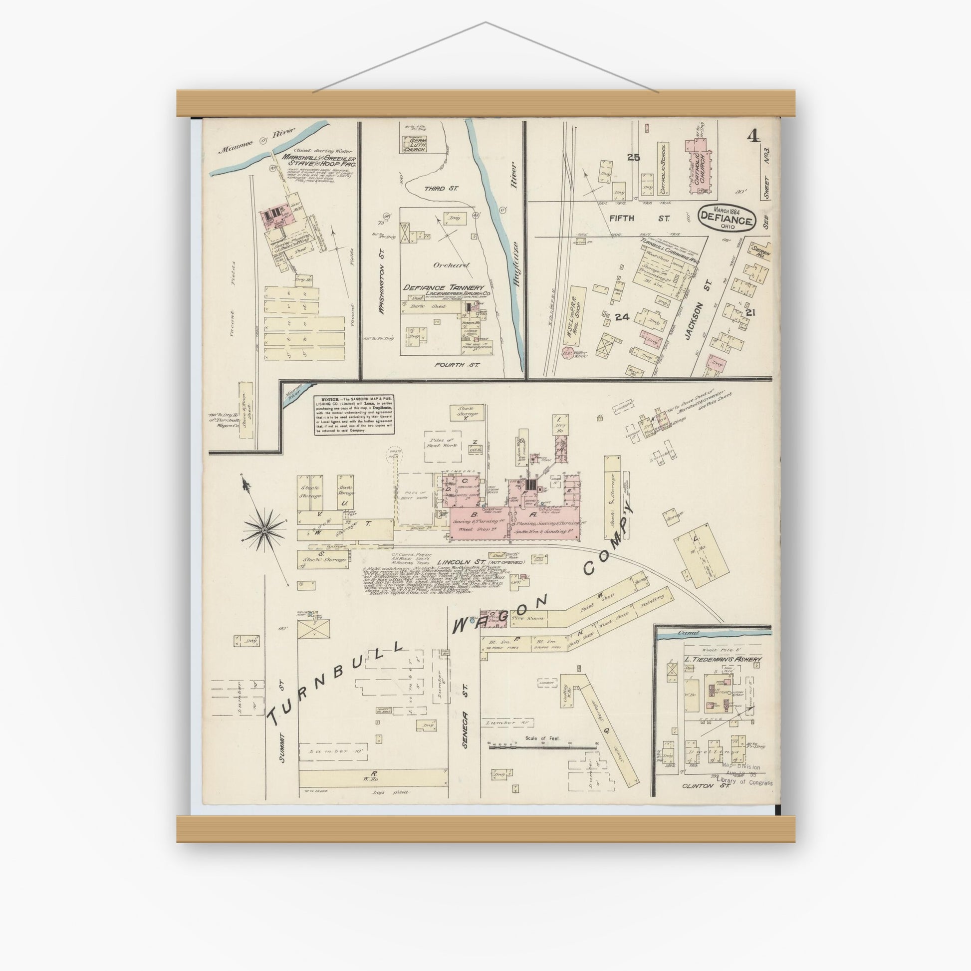 Old map wall art mockup — magnetic wood frame on white wall — Sanborn Fire Insurance Map from Defiance, Defiance County, Ohio (1884), Sheet #0004