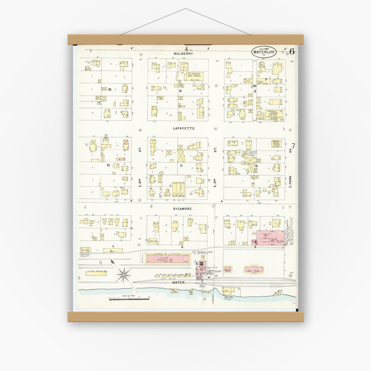 Old map wall art mockup — magnetic wood frame on white wall — Sanborn Fire Insurance Map from Waterloo, Black Hawk County, Iowa (1897), Sheet #0006