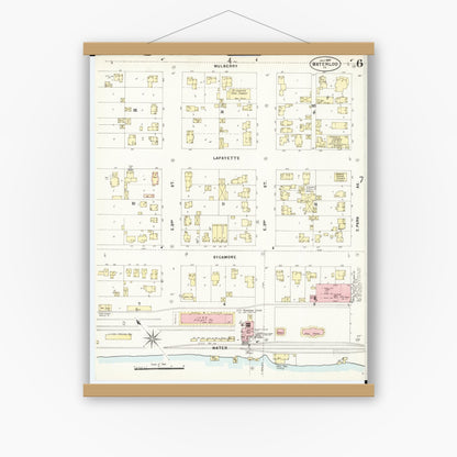 Old map wall art mockup — magnetic wood frame on white wall — Sanborn Fire Insurance Map from Waterloo, Black Hawk County, Iowa (1897), Sheet #0006
