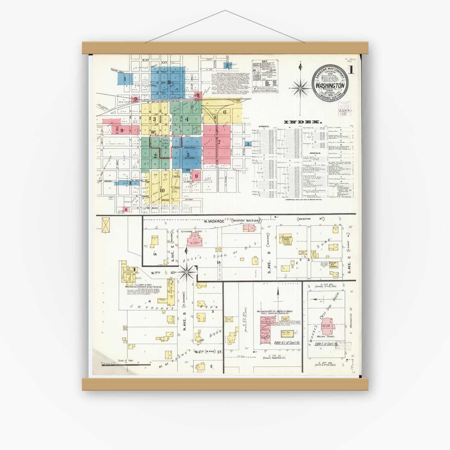Old map wall art mockup — magnetic wood frame on white wall — Sanborn Fire Insurance Map from Washington, Washington County, Iowa (1902) â€” Complete Set