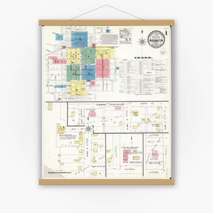 Old map wall art mockup — magnetic wood frame on white wall — Sanborn Fire Insurance Map from Washington, Washington County, Iowa (1902) â€” Complete Set