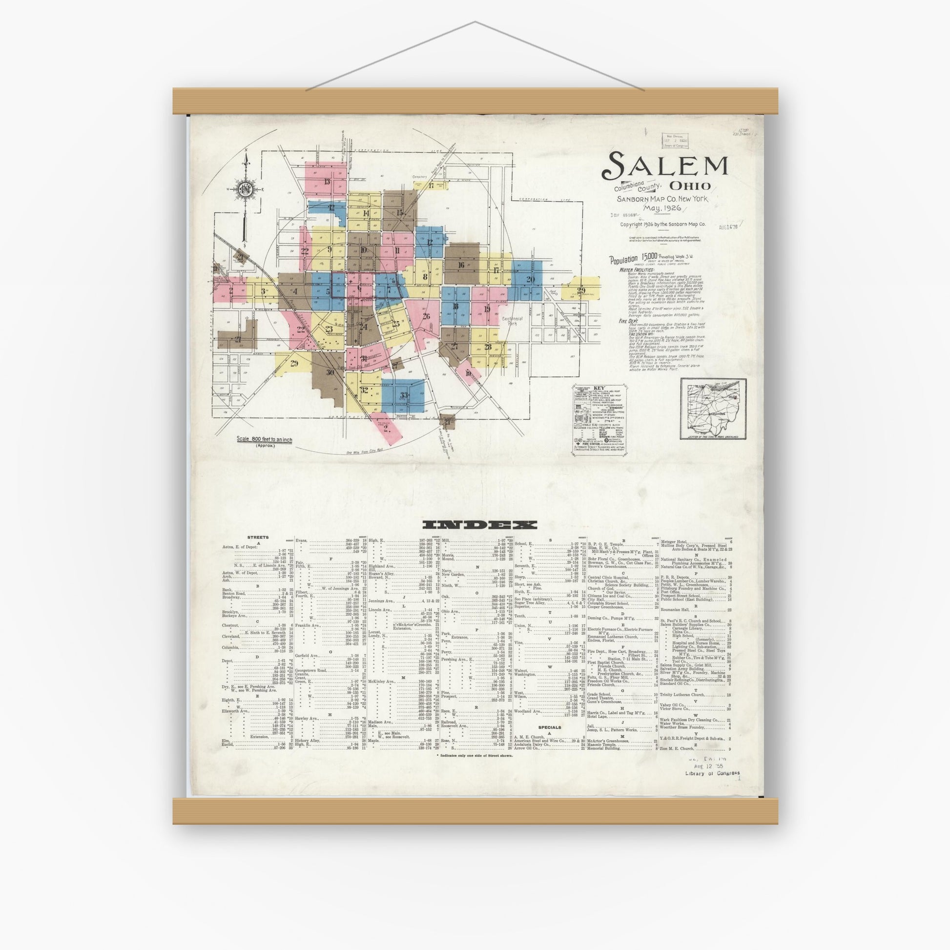 Old map wall art mockup — magnetic wood frame on white wall — Sanborn Fire Insurance Map from Salem, Columbiana County, Ohio (1926), Sheet #0001