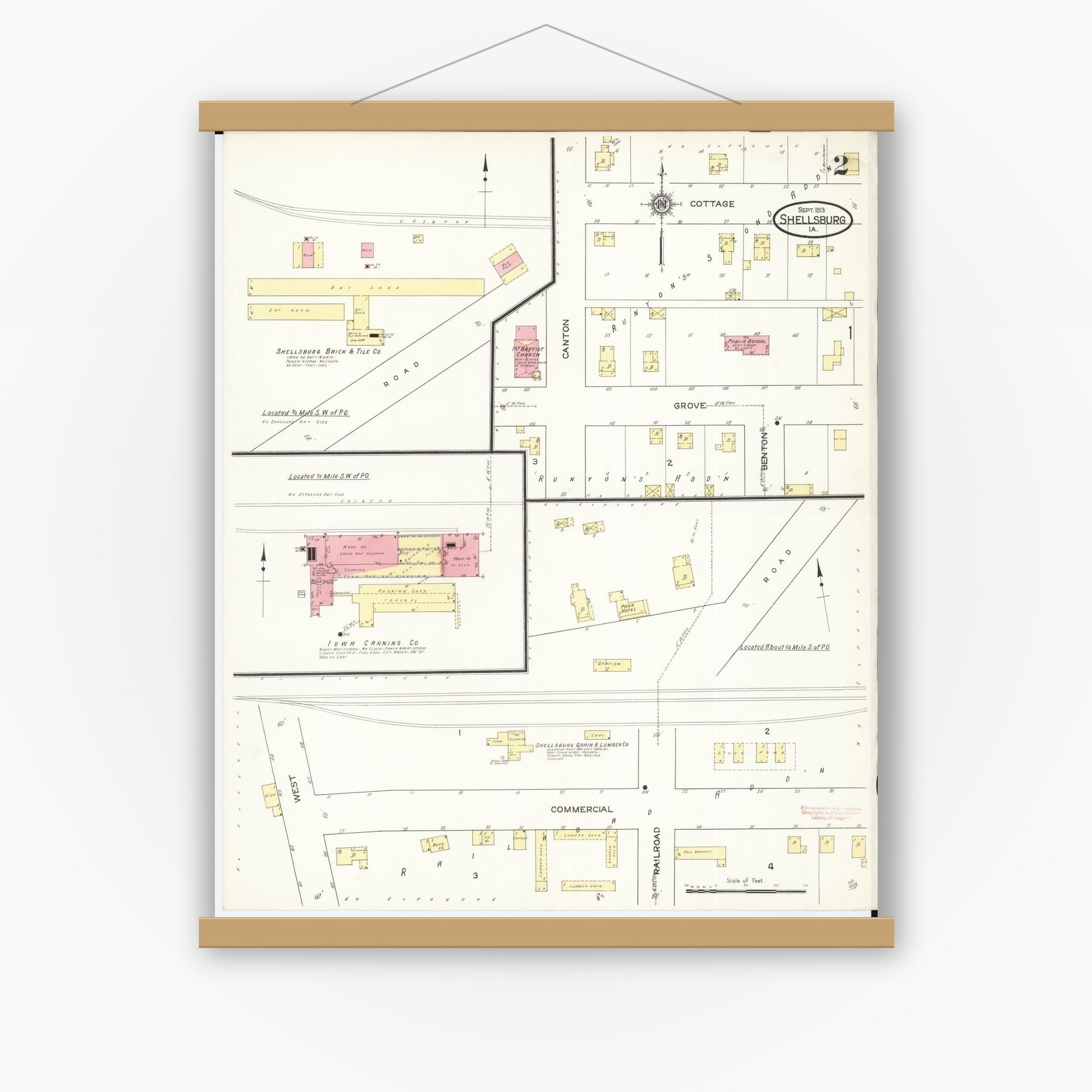 Old map wall art mockup — magnetic wood frame on white wall — Sanborn Fire Insurance Map from Shellsburg, Benton County, Iowa (1913), Sheet #0002