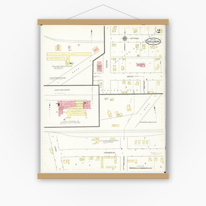Old map wall art mockup — magnetic wood frame on white wall — Sanborn Fire Insurance Map from Shellsburg, Benton County, Iowa (1913), Sheet #0002