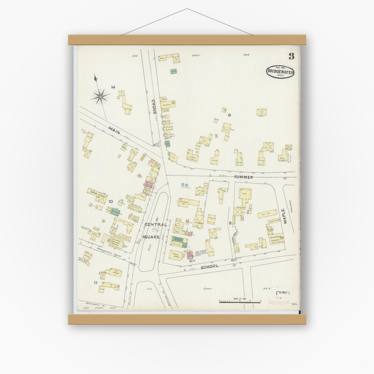 Old map wall art mockup — magnetic wood frame on white wall — Sanborn Fire Insurance Map from Bridgewater, Plymouth County, Massachusetts (1891), Sheet #0003