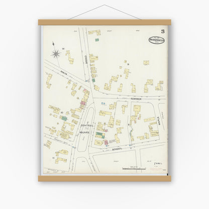 Old map wall art mockup — magnetic wood frame on white wall — Sanborn Fire Insurance Map from Bridgewater, Plymouth County, Massachusetts (1891), Sheet #0003