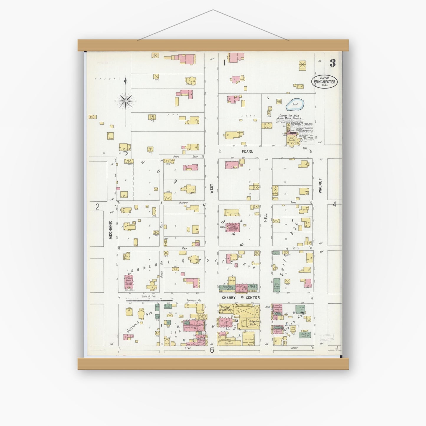 Old map wall art mockup — magnetic wood frame on white wall — Sanborn Fire Insurance Map from Winchester, Scott County, Illinois (1900), Sheet #0003