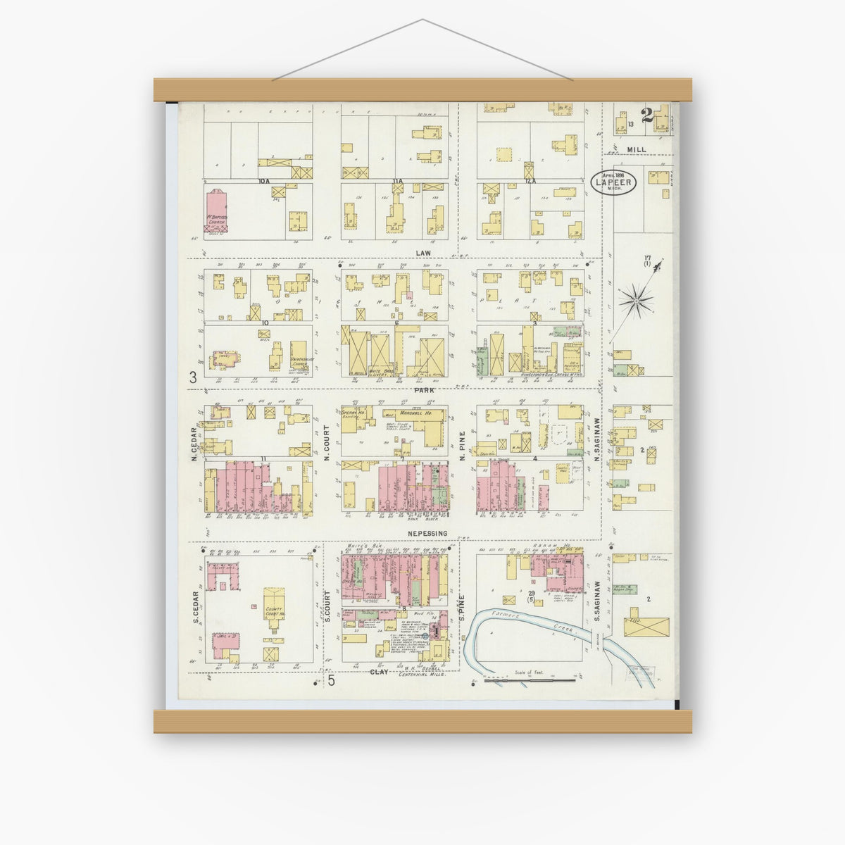 Old map wall art mockup — magnetic wood frame on white wall — Sanborn Fire Insurance Map from Lapeer, Lapeer County, Michigan (1898), Sheet #0002
