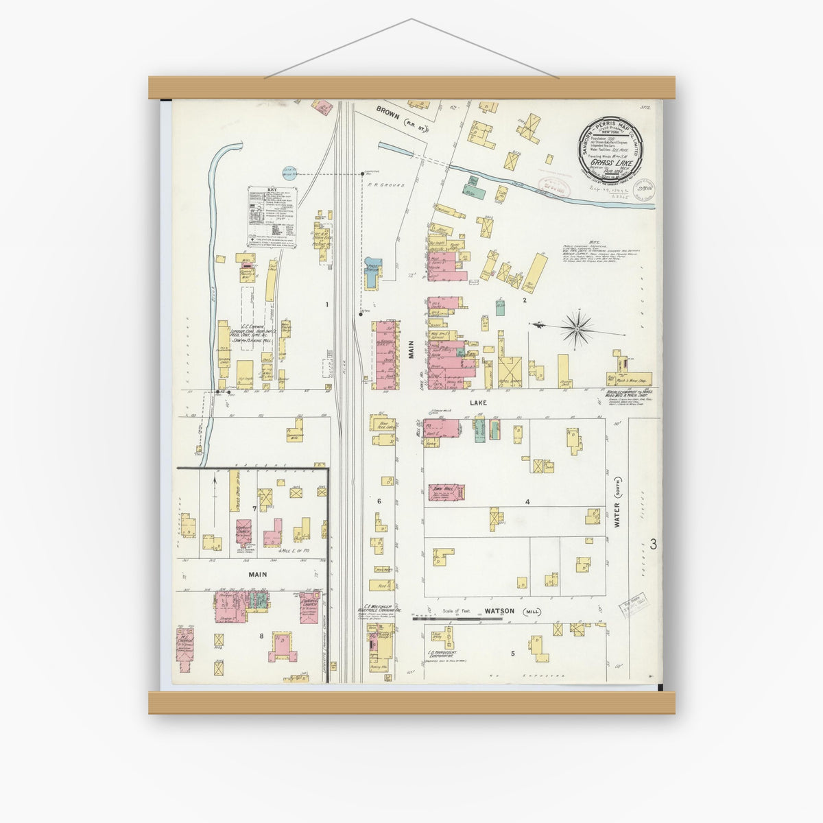 Old map wall art mockup — magnetic wood frame on white wall — Sanborn Fire Insurance Map from Grass Lake, Jackson County, Michigan (1889), Sheet #0001