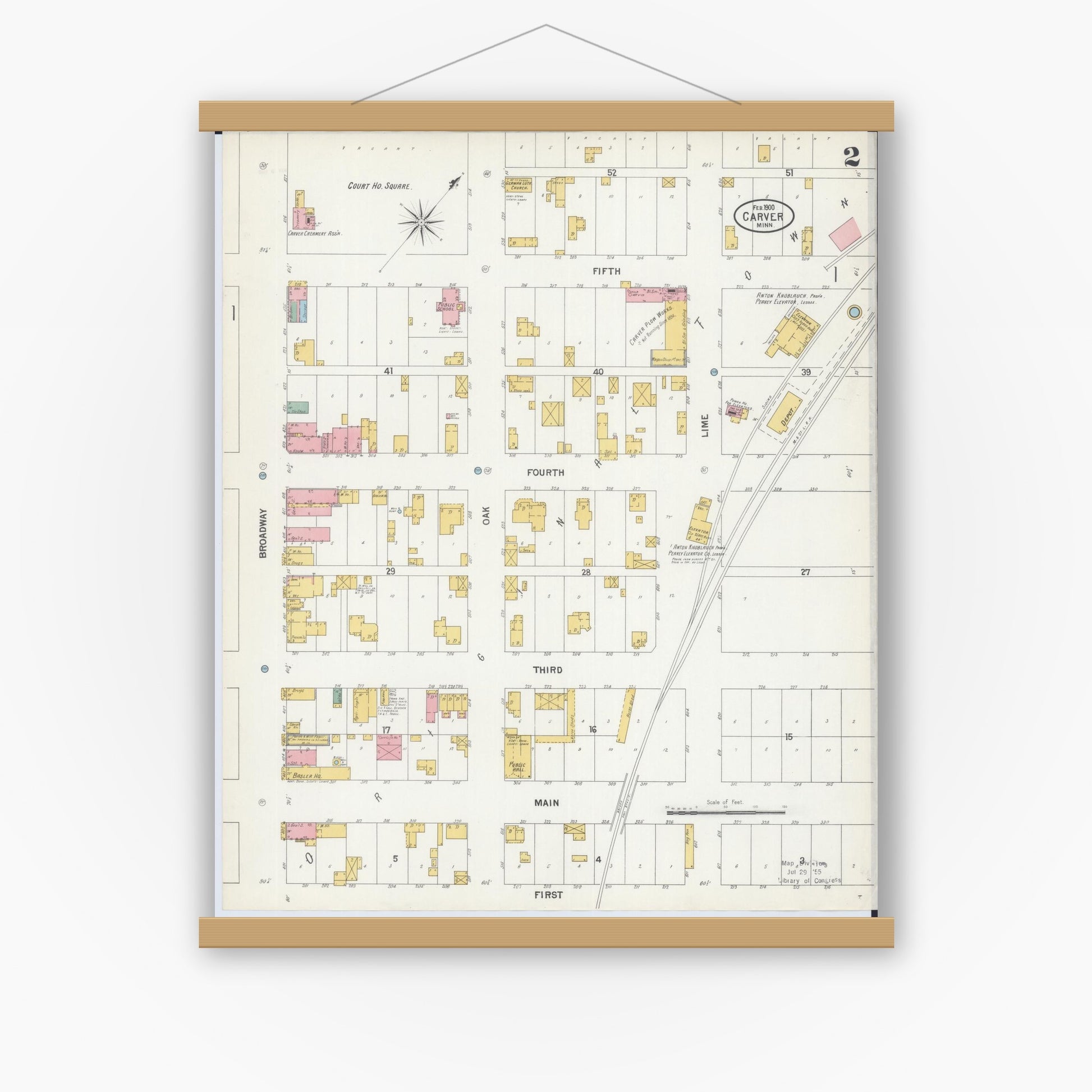 Old map wall art mockup — magnetic wood frame on white wall — Sanborn Fire Insurance Map from Carver, Carver County, Minnesota (1900), Sheet #0002