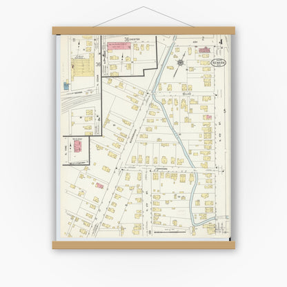 Old map wall art mockup — magnetic wood frame on white wall — Sanborn Fire Insurance Map from Newark, Licking County, Ohio (1912), Sheet #0004