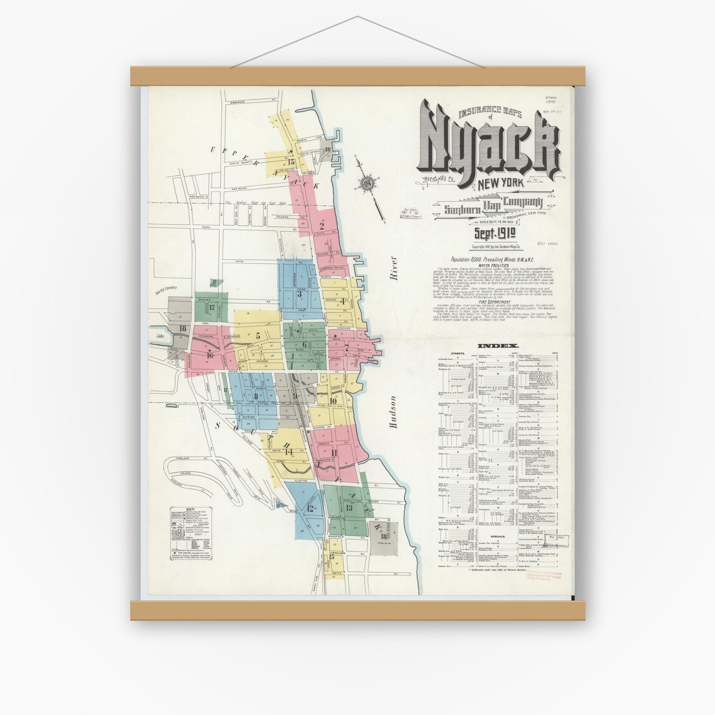 Old map wall art mockup — magnetic wood frame on white wall — Sanborn Fire Insurance Map from Nyack, Rockland County, New York. (1910), Sheet #0000
