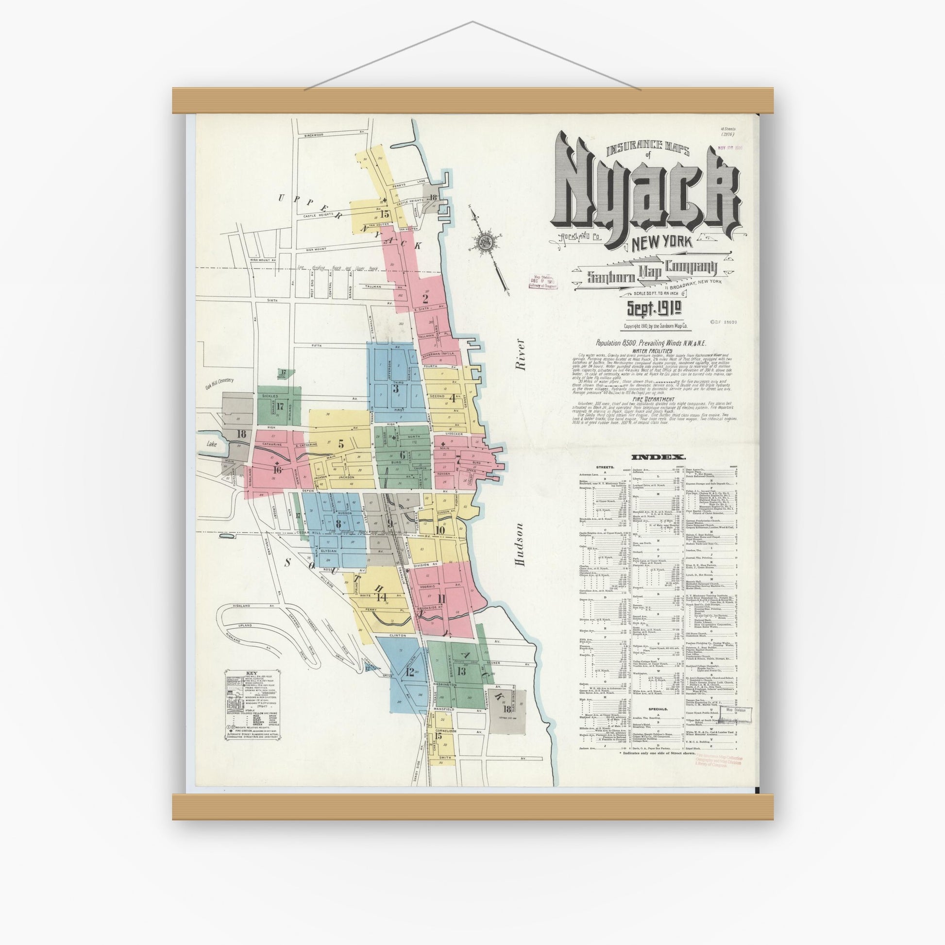 Old map wall art mockup — magnetic wood frame on white wall — Sanborn Fire Insurance Map from Nyack, Rockland County, New York. (1910), Sheet #0000