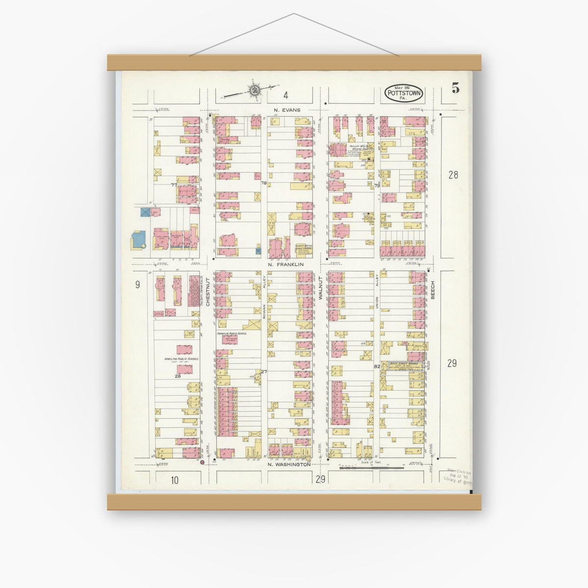 Old map wall art mockup — magnetic wood frame on white wall — Sanborn Fire Insurance Map from Pottstown, Montgomery County, Pennsylvania (1916), Sheet #0005