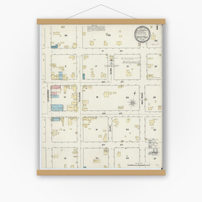 Old map wall art mockup — magnetic wood frame on white wall — Sanborn Fire Insurance Map from Hallettsville, Lavaca County, Texas (1891) - Complete Map Set