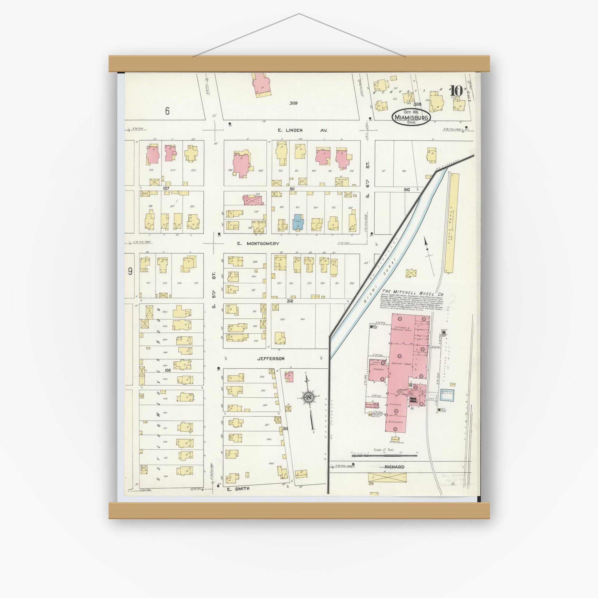 Old map wall art mockup — magnetic wood frame on white wall — Sanborn Fire Insurance Map from Miamisburg, Montgomery County, Ohio (1911), Sheet #0010
