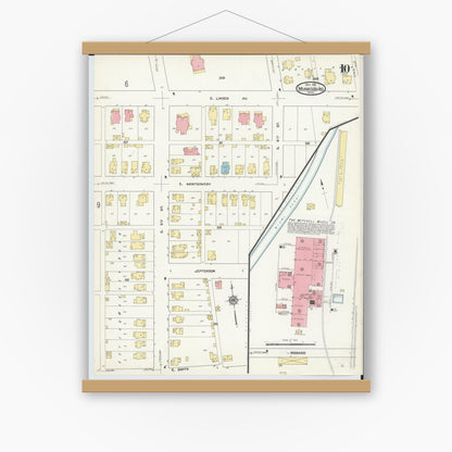 Old map wall art mockup — magnetic wood frame on white wall — Sanborn Fire Insurance Map from Miamisburg, Montgomery County, Ohio (1911), Sheet #0010
