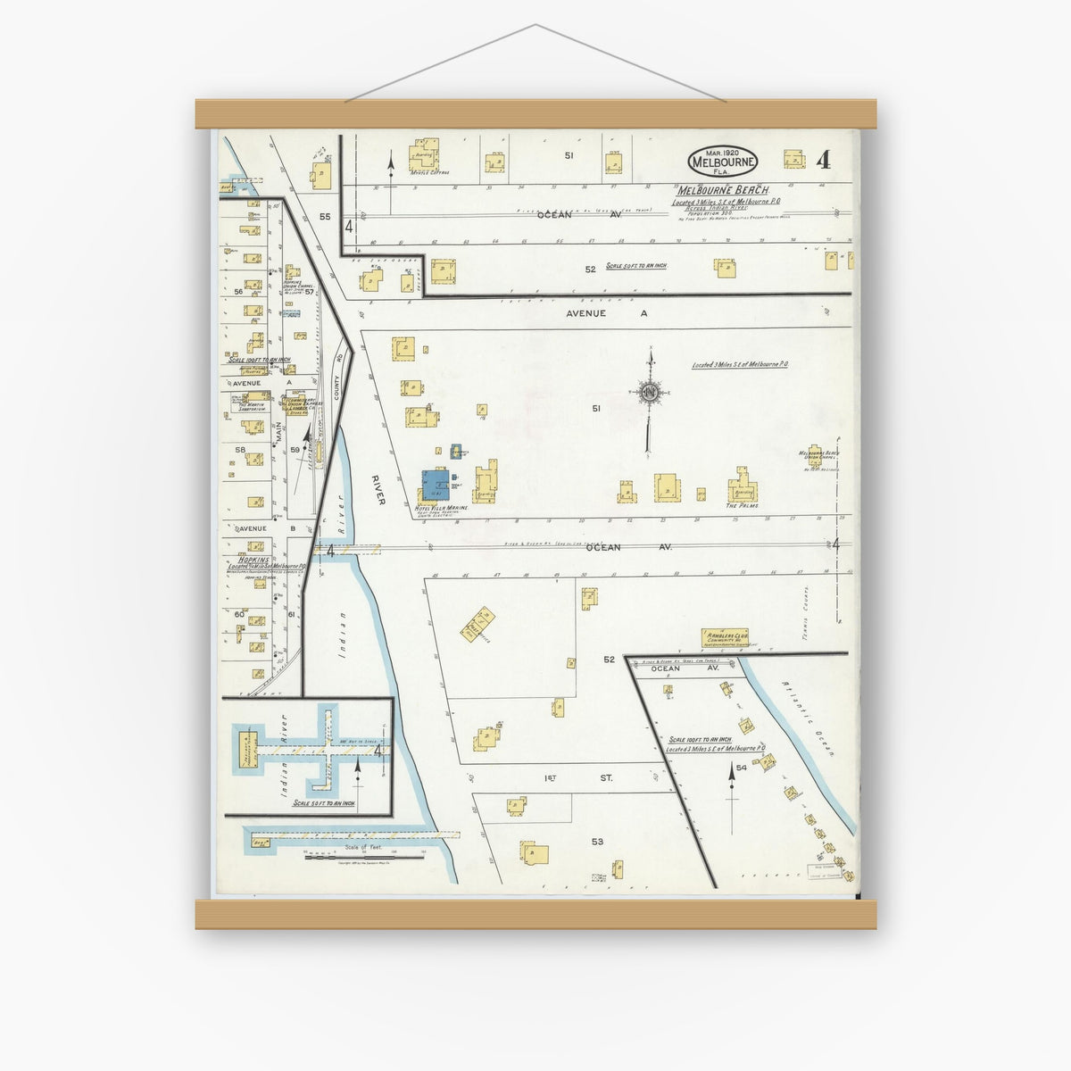 Old map wall art mockup — magnetic wood frame on white wall — Sanborn Fire Insurance Map from Melbourne, Brevard County, Florida (1920), Sheet #0004