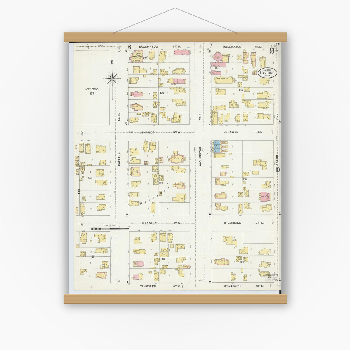 Old map wall art mockup — magnetic wood frame on white wall — Sanborn Fire Insurance Map from Lansing, Ingham County, Michigan (1898), Sheet #0009