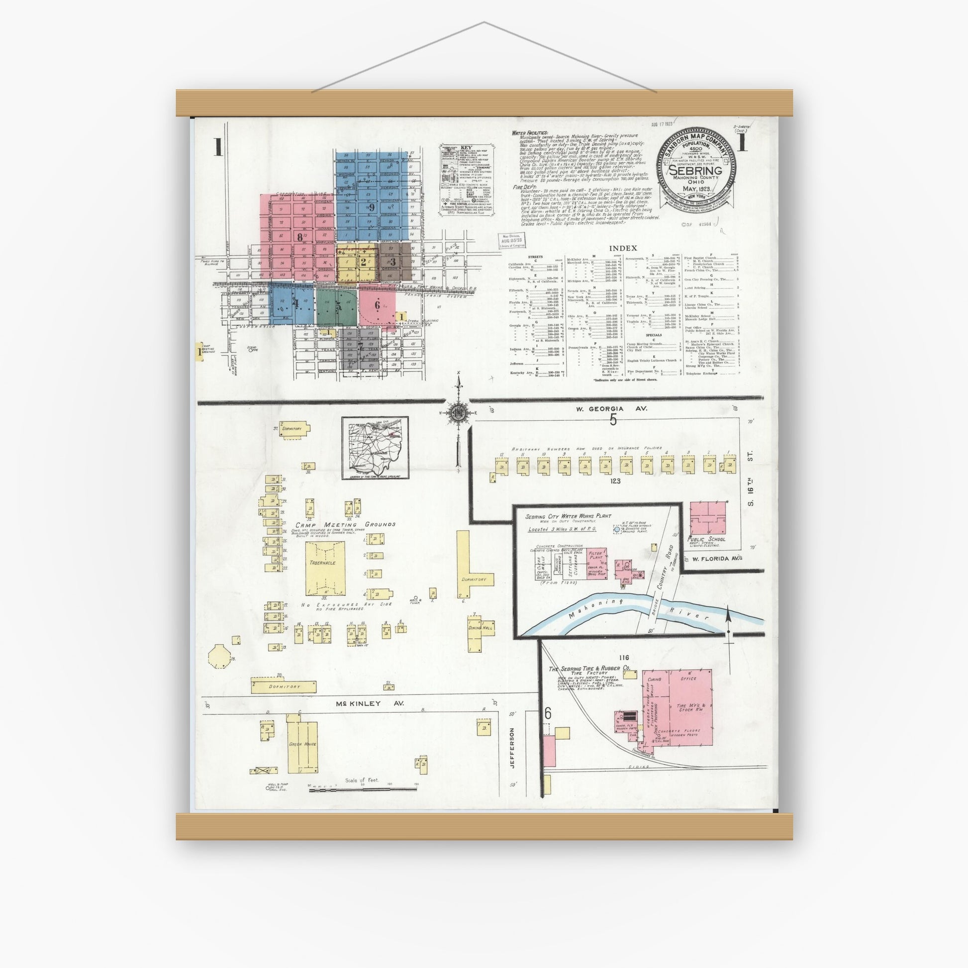 Old map wall art mockup — magnetic wood frame on white wall — Sanborn Fire Insurance Map from Sebring, Mahoning County, Ohio (1923) - Complete Map Set