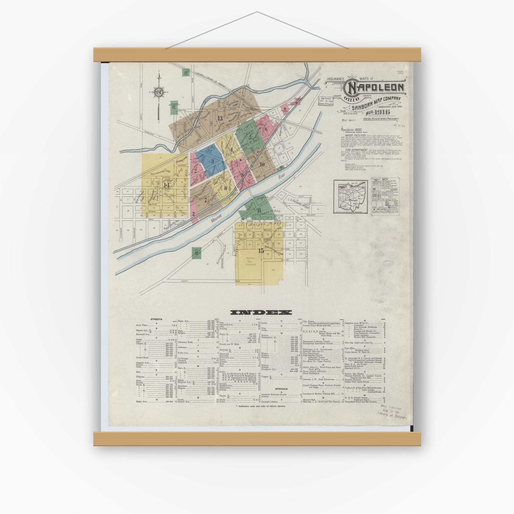 Old map wall art mockup — magnetic wood frame on white wall — Sanborn Fire Insurance Map from Napoleon, Henry County, Ohio (1916), Sheet #0001