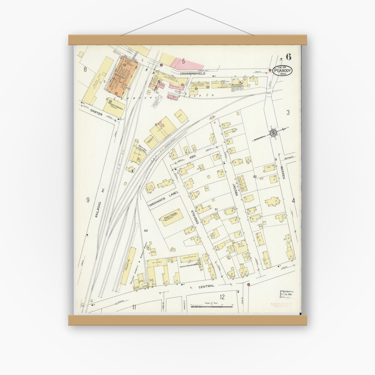 Old map wall art mockup — magnetic wood frame on white wall — Sanborn Fire Insurance Map from Peabody, Essex County, Massachusetts (1914), Sheet #0006