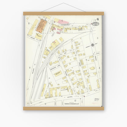 Old map wall art mockup — magnetic wood frame on white wall — Sanborn Fire Insurance Map from Peabody, Essex County, Massachusetts (1914), Sheet #0006
