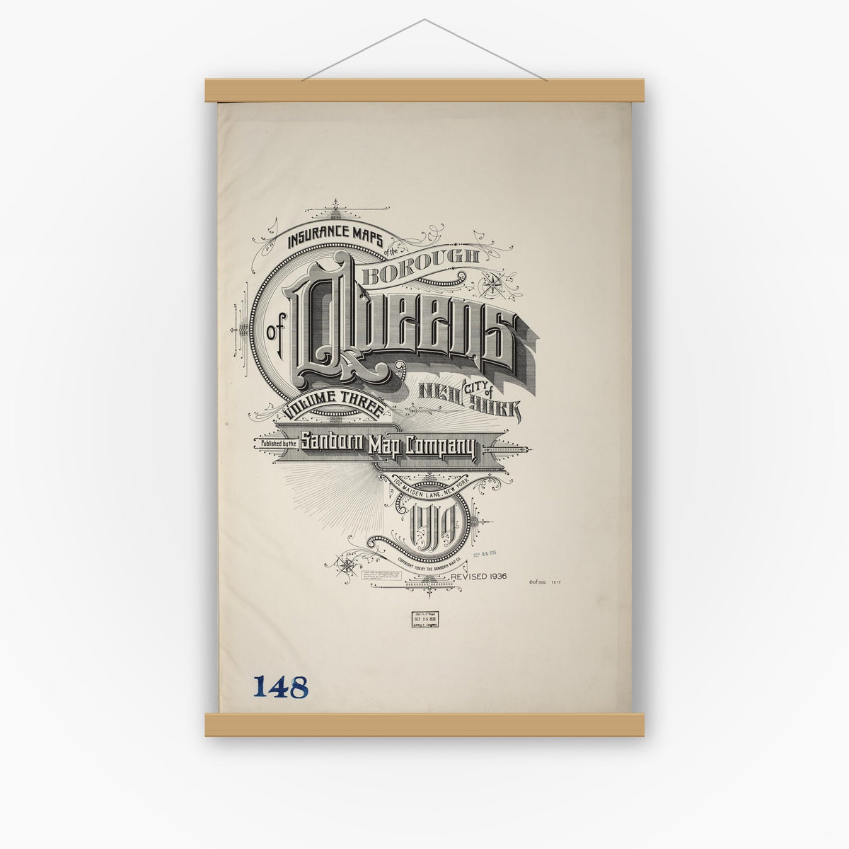 Old map wall art mockup — magnetic wood frame on white wall — Sanborn Fire Insurance Map from Queens, Queens County, New York (1936), Sheet #0001
