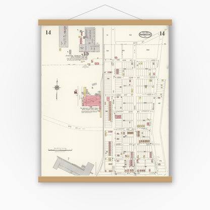Old map wall art mockup — magnetic wood frame on white wall — Sanborn Fire Insurance Map from Ambridge, Beaver County, Pennsylvania (1923), Sheet #0014