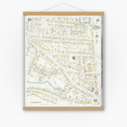 Old map wall art mockup — magnetic wood frame on white wall — Sanborn Fire Insurance Map from Ashland, Ashland County, Ohio (1930), Sheet #0018