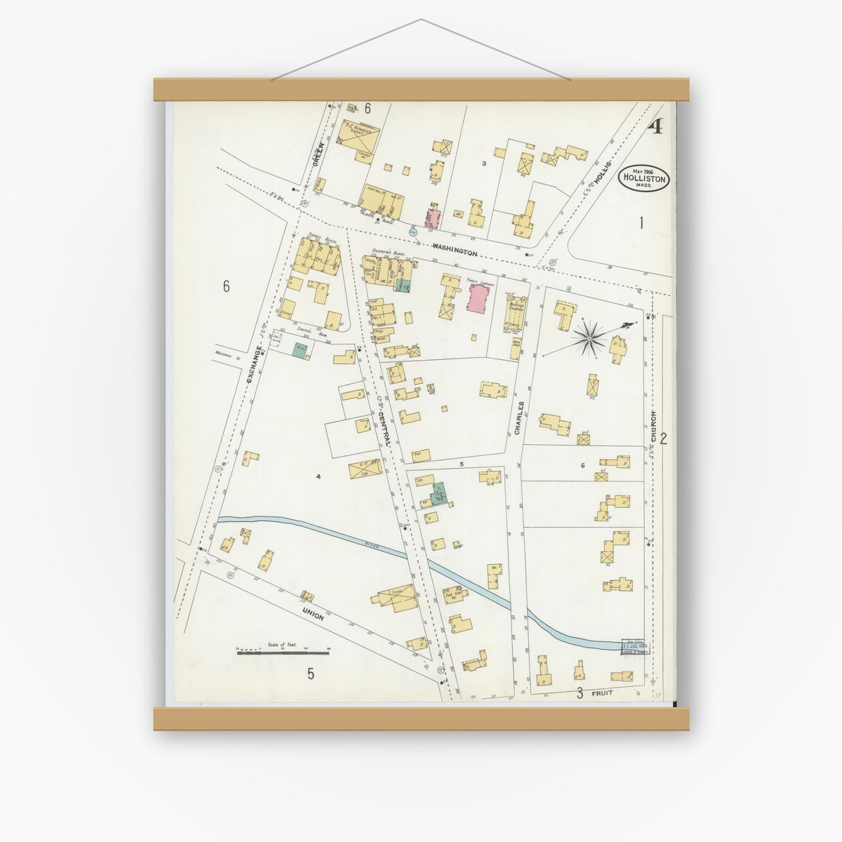 Old map wall art mockup — magnetic wood frame on white wall — Sanborn Fire Insurance Map from Holliston, Middlesex County, Massachusetts (1906), Sheet #0004