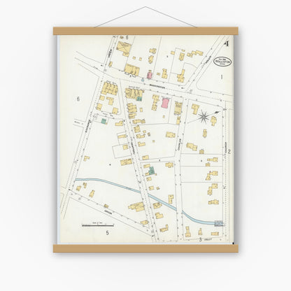 Old map wall art mockup — magnetic wood frame on white wall — Sanborn Fire Insurance Map from Holliston, Middlesex County, Massachusetts (1906), Sheet #0004