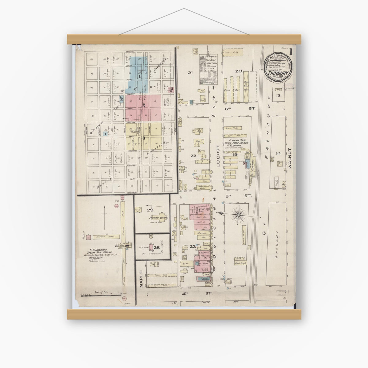 Old map wall art mockup — magnetic wood frame on white wall — Sanborn Fire Insurance Map from Fairbury, Livingston County, Illinois (1885) - Complete Map Set