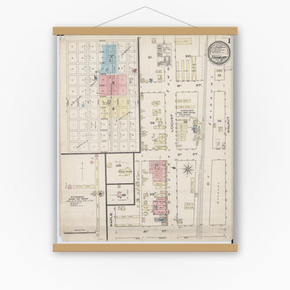 Old map wall art mockup — magnetic wood frame on white wall — Sanborn Fire Insurance Map from Fairbury, Livingston County, Illinois (1885) - Complete Map Set