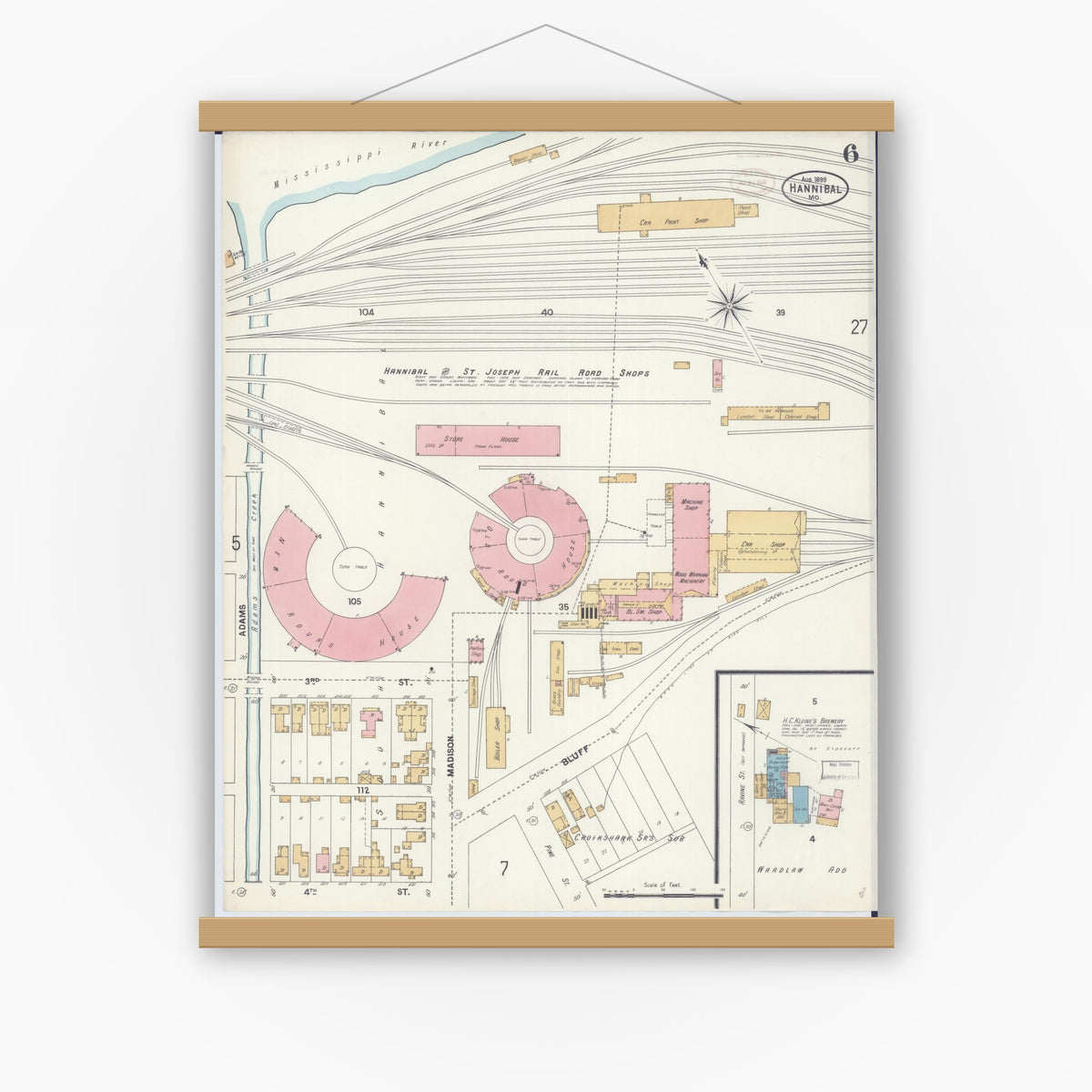 Old map wall art mockup — magnetic wood frame on white wall — Sanborn Fire Insurance Map from Hannibal, Marion County, Missouri (1899), Sheet #0006