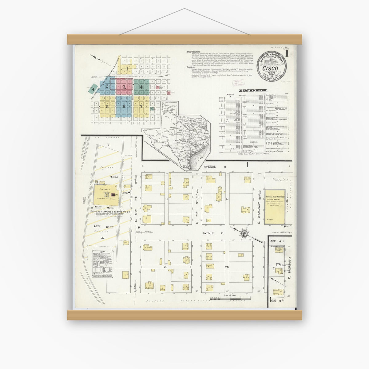 Old map wall art mockup — magnetic wood frame on white wall — Sanborn Fire Insurance Map from Cisco, Eastland County, Texas (1912) - Complete Map Set