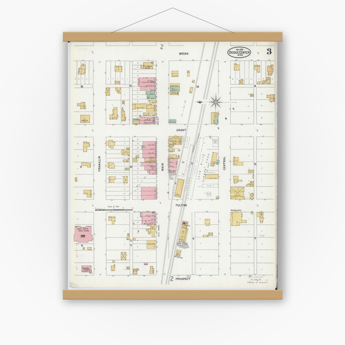 Old map wall art mockup — magnetic wood frame on white wall — Sanborn Fire Insurance Map from Dodge Center, Dodge County, Minnesota (1899), Sheet #0003