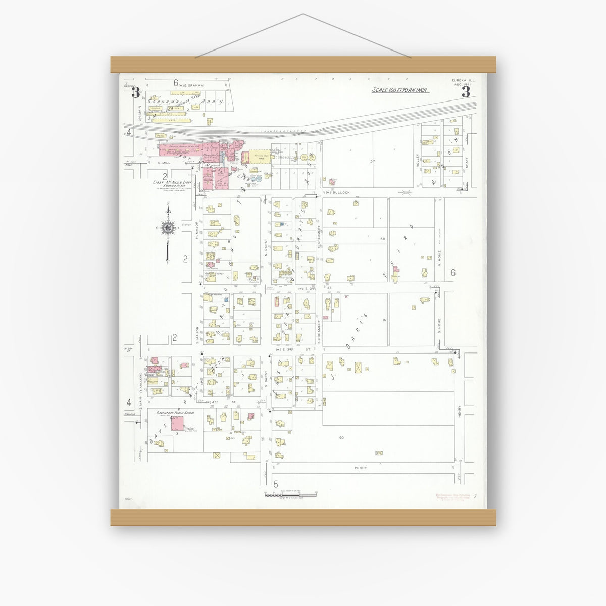 Old map wall art mockup — magnetic wood frame on white wall — Sanborn Fire Insurance Map from Eureka, Woodford County, Illinois (1941), Sheet #0003
